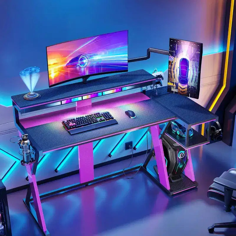 Scrivania angolare a L da gaming nera/viola con luci LED, 107 cm o 145 cm, per utente singolo
