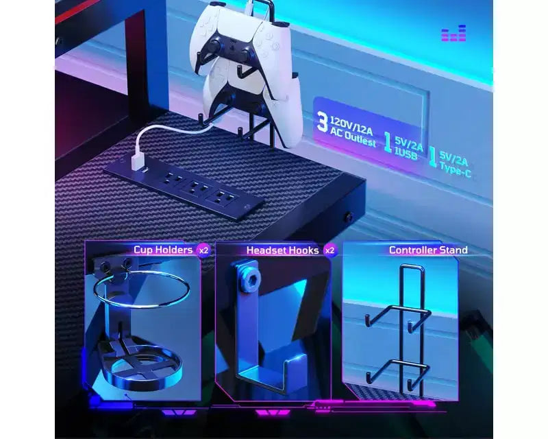 Scrivania angolare a L da gaming nera/viola con luci LED, 107 cm o 145 cm, per utente singolo