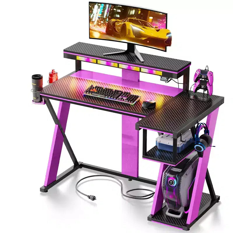 Scrivania angolare a L da gaming nera/viola con luci LED, 107 cm o 145 cm, per utente singolo