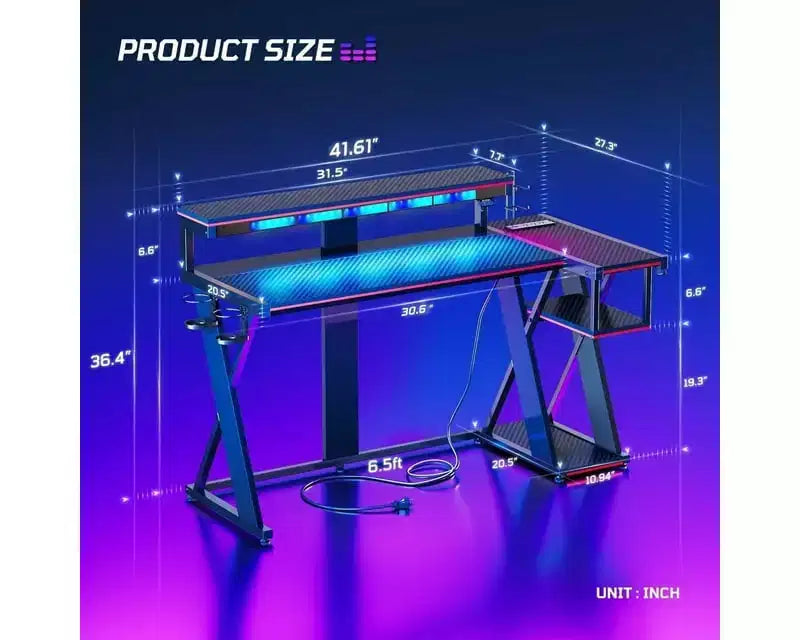 Scrivania angolare a L da gaming nera/viola con luci LED, 107 cm o 145 cm, per utente singolo
