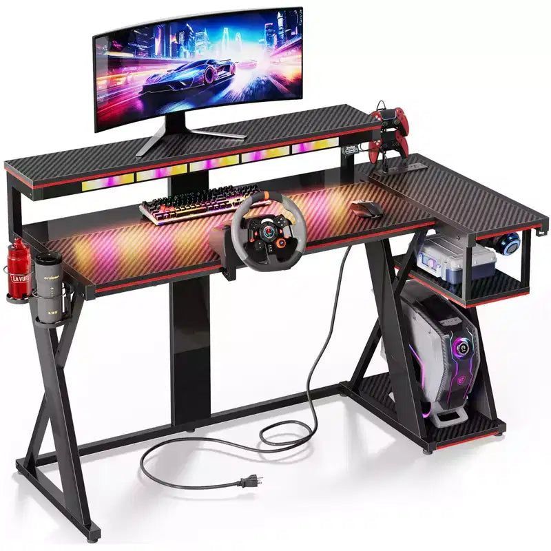 Scrivania angolare a L da gaming nera/viola con luci LED, 107 cm o 145 cm, per utente singolo