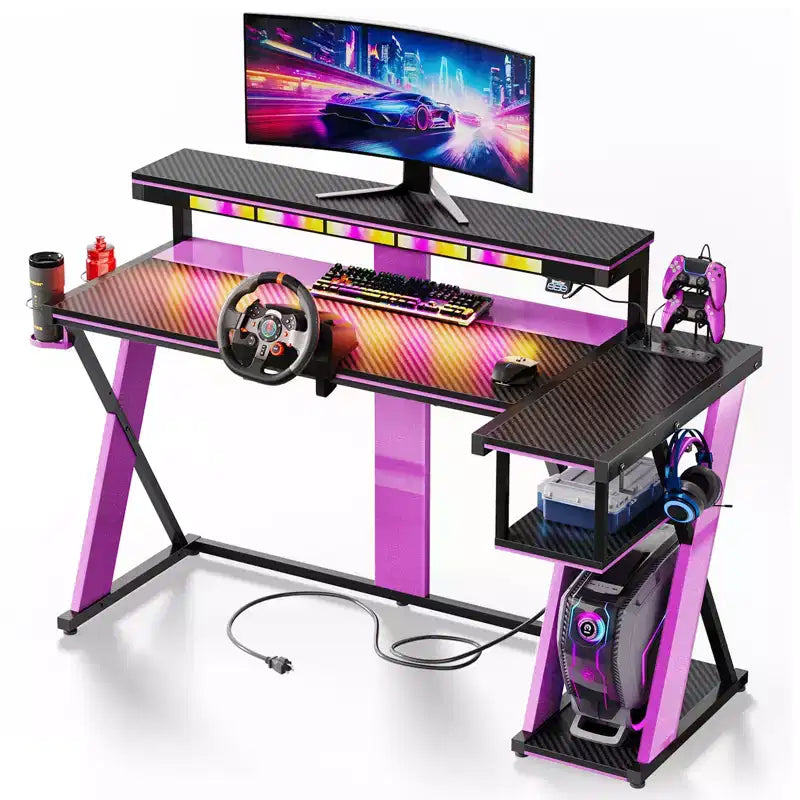 Scrivania angolare a L da gaming nera/viola con luci LED, 107 cm o 145 cm, per utente singolo
