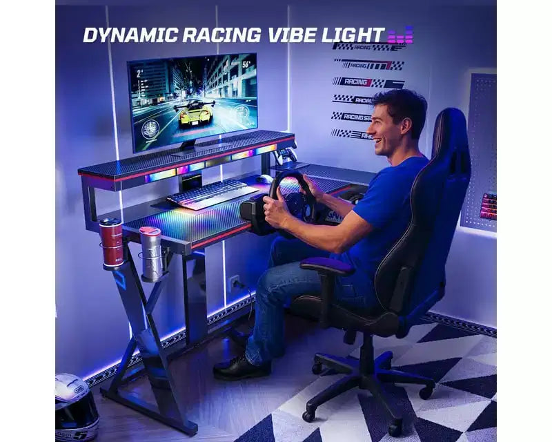 Scrivania angolare a L da gaming nera/viola con luci LED, 107 cm o 145 cm, per utente singolo
