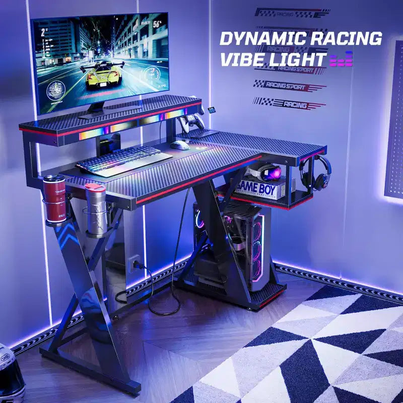 Scrivania angolare a L da gaming nera/viola con luci LED, 107 cm o 145 cm, per utente singolo