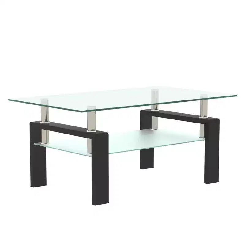 Tavolino da caffè rettangolare in vetro a 2 livelli nero/quercia/bianco, moderno tavolino da soggiorno