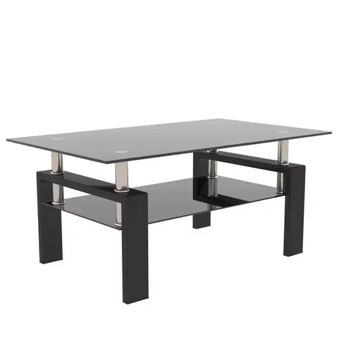 Tavolino da caffè rettangolare in vetro a 2 livelli nero/quercia/bianco, moderno tavolino da soggiorno