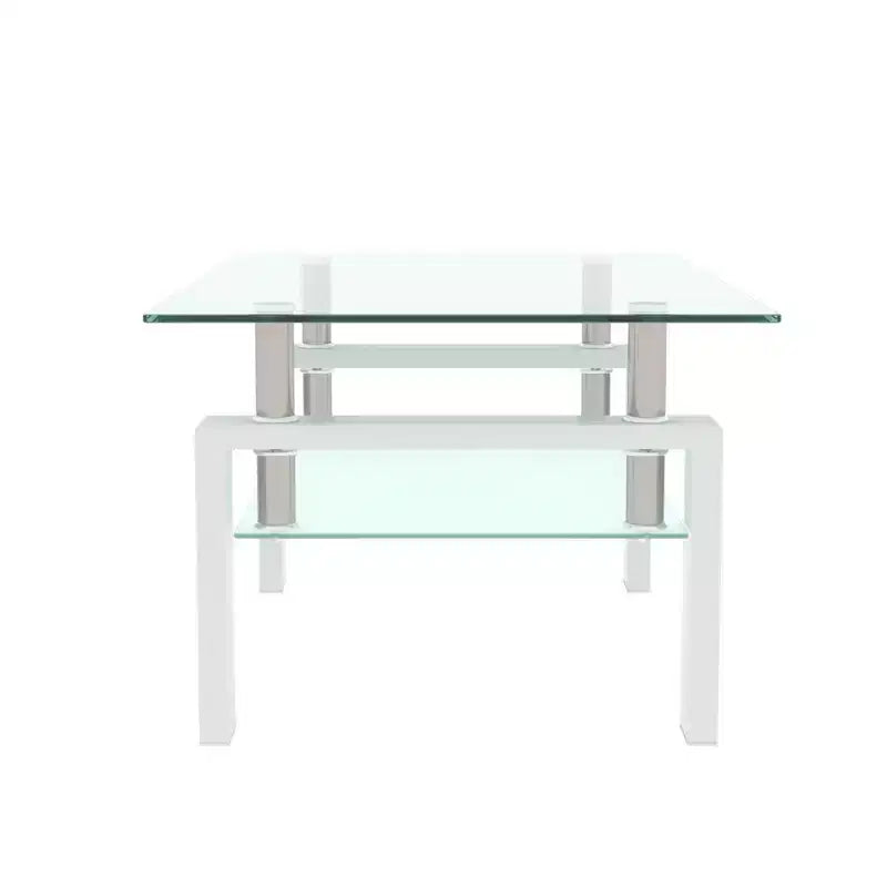Tavolino da caffè rettangolare in vetro a 2 livelli nero/quercia/bianco, moderno tavolino da soggiorno
