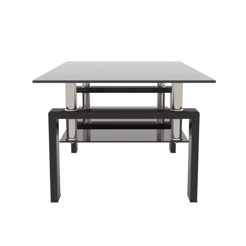 Tavolino da caffè rettangolare in vetro a 2 livelli nero/quercia/bianco, moderno tavolino da soggiorno