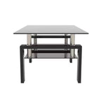 Tavolino da caffè rettangolare in vetro a 2 livelli nero/quercia/bianco, moderno tavolino da soggiorno
