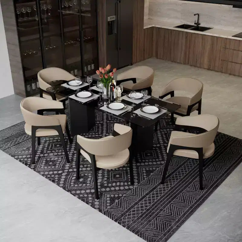 Sedia da pranzo con braccioli a schienale aperto a forma di U, rivestimento in pelle, beige / grigio chiaro / tortora / bianco, set da 2
