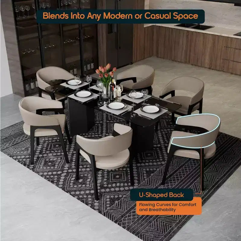 Sedia da pranzo con braccioli a schienale aperto a forma di U, rivestimento in pelle, beige / grigio chiaro / tortora / bianco, set da 2