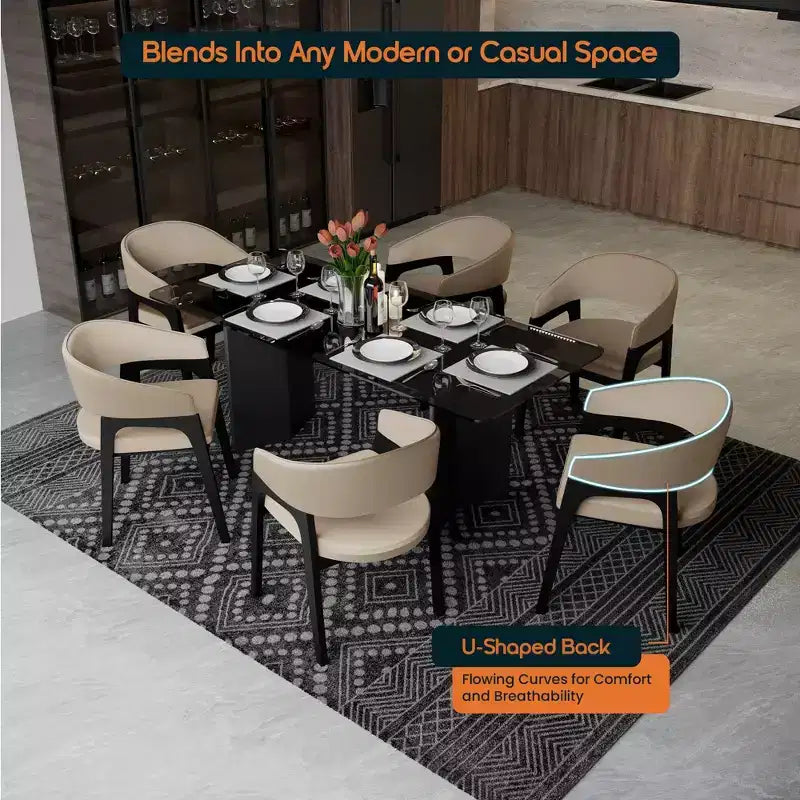 Sedia da pranzo con braccioli a schienale aperto a forma di U, rivestimento in pelle, beige / grigio chiaro / tortora / bianco, set da 2