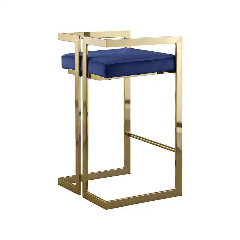 Sgabello da bancone in velluto blu navy con braccioli, base dorata, set da 2