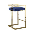 Sgabello da bancone in velluto blu navy con braccioli, base dorata, set da 2
