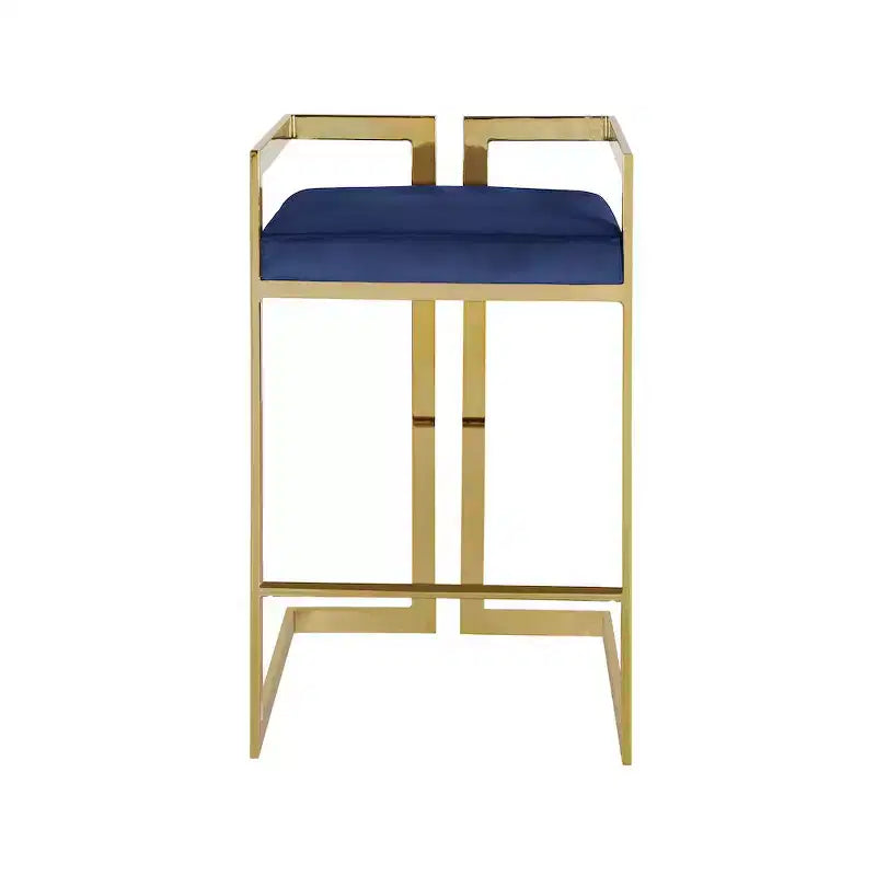 Sgabello da bancone in velluto blu navy con braccioli, base dorata, set da 2