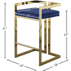Sgabello da bancone in velluto blu navy con braccioli, base dorata, set da 2