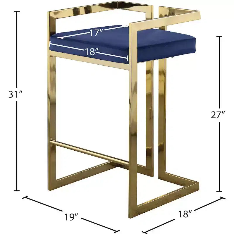 Sgabello da bancone in velluto blu navy con braccioli, base dorata, set da 2