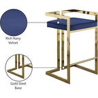 Sgabello da bancone in velluto blu navy con braccioli, base dorata, set da 2