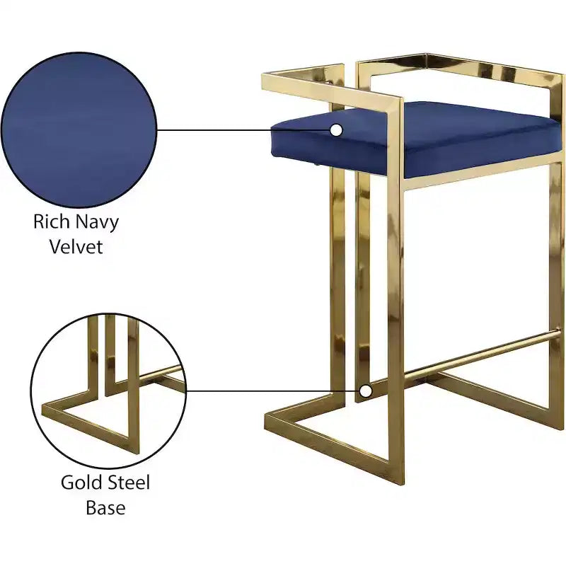Sgabello da bancone in velluto blu navy con braccioli, base dorata, set da 2
