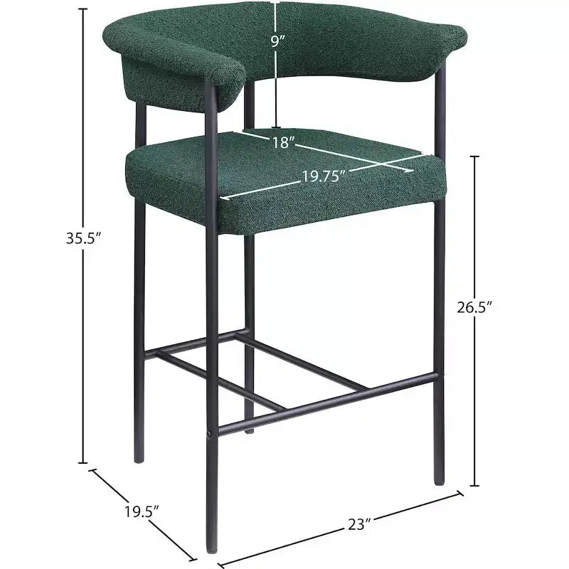 Sgabello da bancone in tessuto bouclé verde con braccioli, set da 2