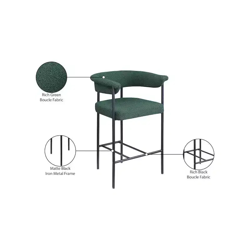 Sgabello da bancone in tessuto bouclé verde con braccioli, set da 2