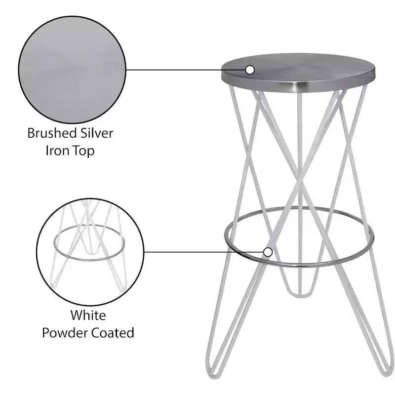 Sgabello da bar in ferro bianco e argento, senza schienale, contemporaneo, 1 posto