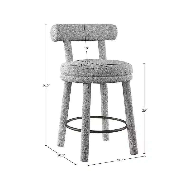 Sgabello da bancone in tessuto bouclé grigio, schienale medio senza braccioli, set da 2
