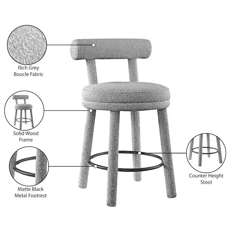 Sgabello da bancone in tessuto bouclé grigio, schienale medio senza braccioli, set da 2