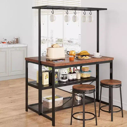 Isola da cucina vintage da 47" in legno e metallo nero con contenitore, 4 posti a sedere