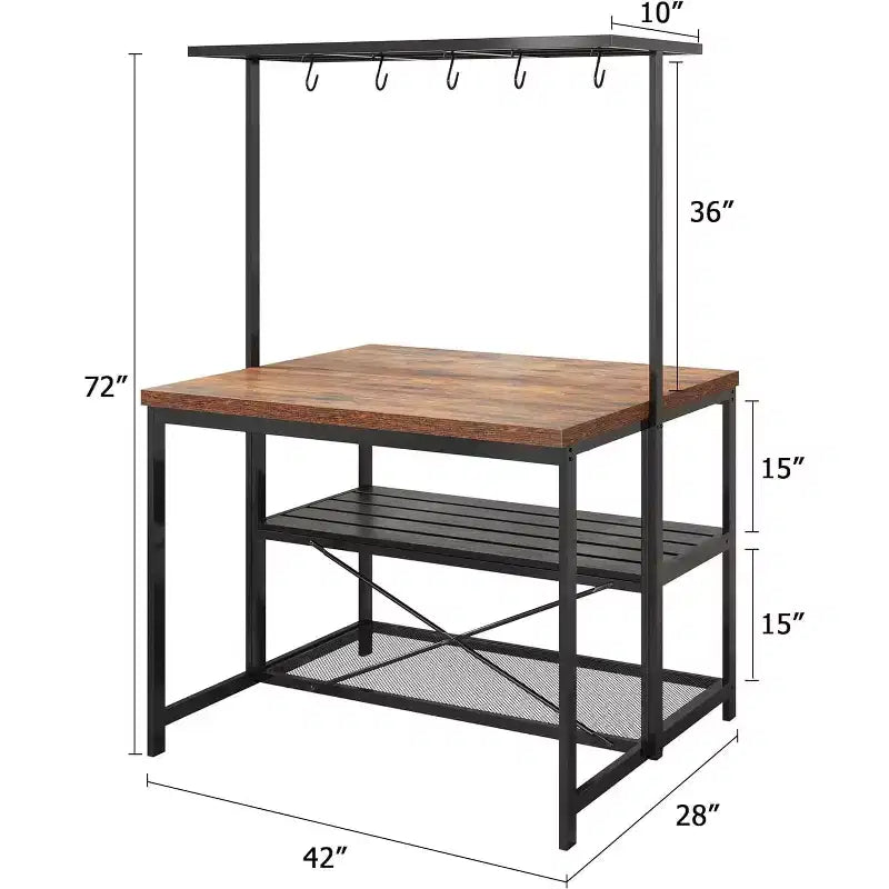 Isola da cucina vintage da 47" in legno e metallo nero con contenitore, 4 posti a sedere