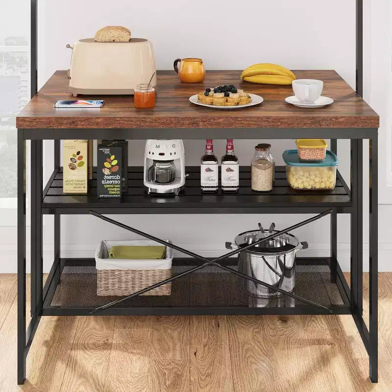 Isola da cucina vintage da 47" in legno e metallo nero con contenitore, 4 posti a sedere