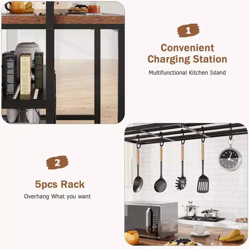 Isola da cucina vintage da 47" in legno e metallo nero con contenitore, 4 posti a sedere