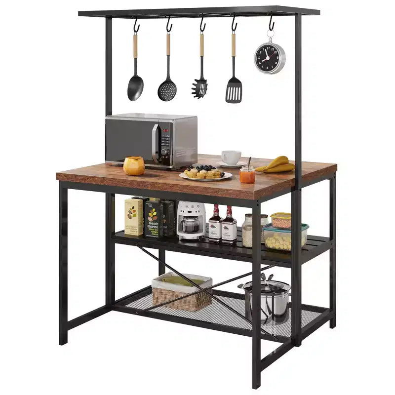 Isola da cucina vintage da 47" in legno e metallo nero con contenitore, 4 posti a sedere