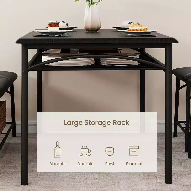 Set tavolo da pranzo rettangolare marrone e nero per 4, piano in legno e telaio in ferro con contenitore