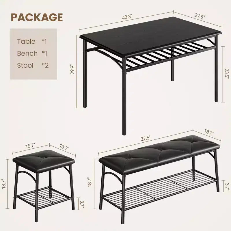 Set tavolo da pranzo rettangolare marrone e nero per 4, piano in legno e telaio in ferro con contenitore