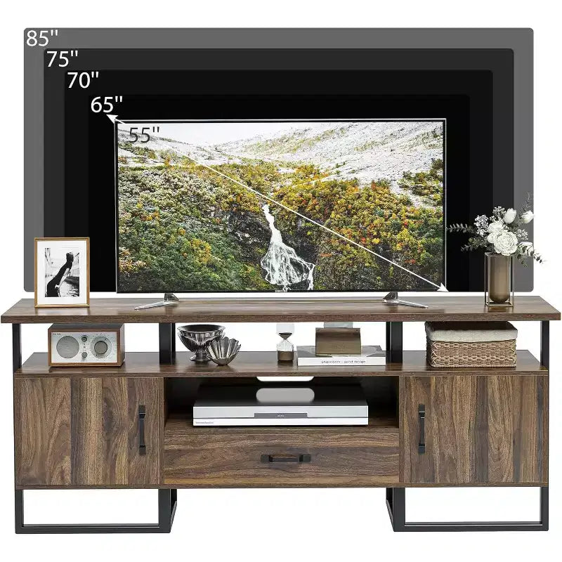 Mobile TV industriale rustico marrone con cassetto e armadietti laterali, adatto a TV fino a 75", per 1