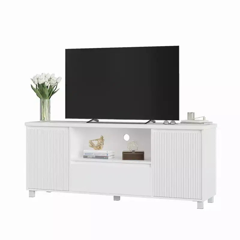 Mobile TV con scanalature bianche per televisori fino a 70", console in legno a 1 cassetto e 2 ante per soggiorno