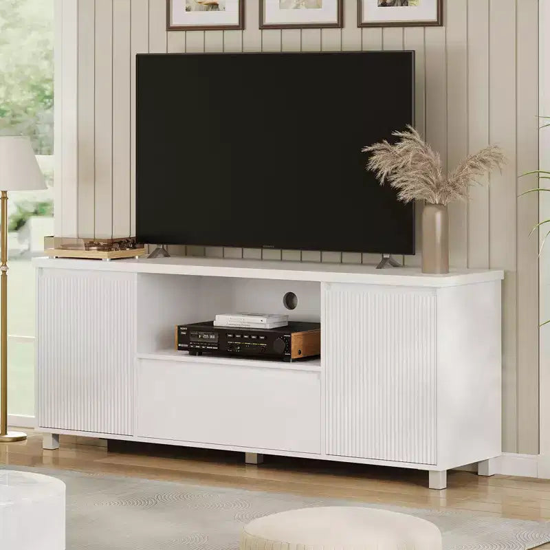 Mobile TV con scanalature bianche per televisori fino a 70", console in legno a 1 cassetto e 2 ante per soggiorno
