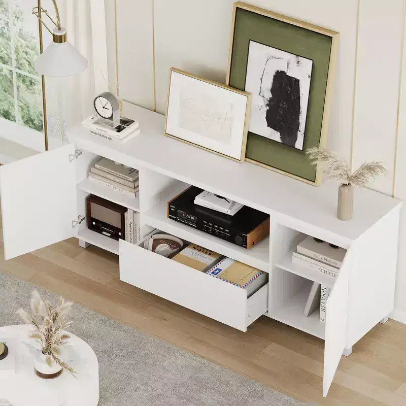 Mobile TV con scanalature bianche per televisori fino a 70", console in legno a 1 cassetto e 2 ante per soggiorno