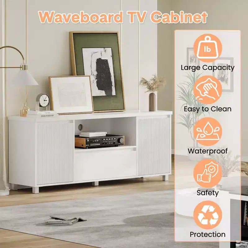 Mobile TV con scanalature bianche per televisori fino a 70", console in legno a 1 cassetto e 2 ante per soggiorno