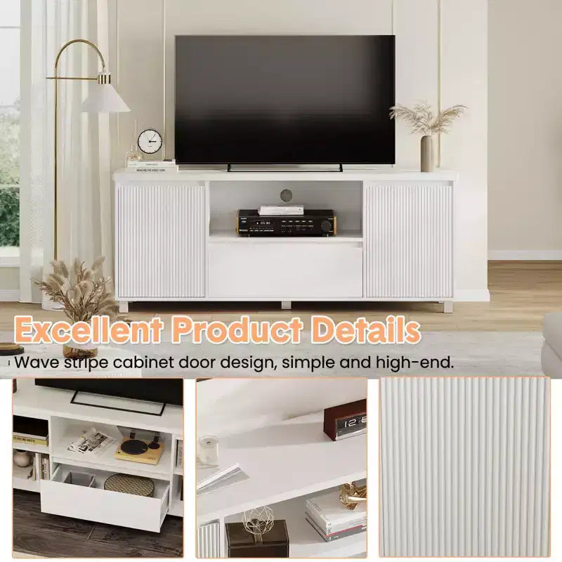 Mobile TV con scanalature bianche per televisori fino a 70", console in legno a 1 cassetto e 2 ante per soggiorno