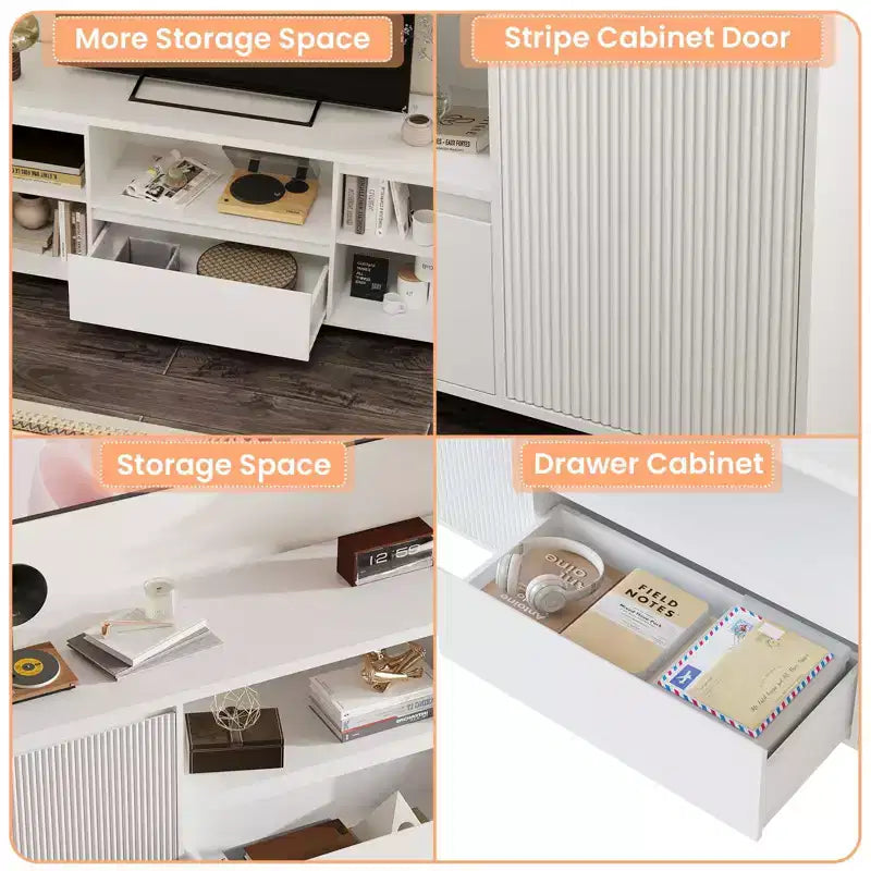 Mobile TV con scanalature bianche per televisori fino a 70", console in legno a 1 cassetto e 2 ante per soggiorno