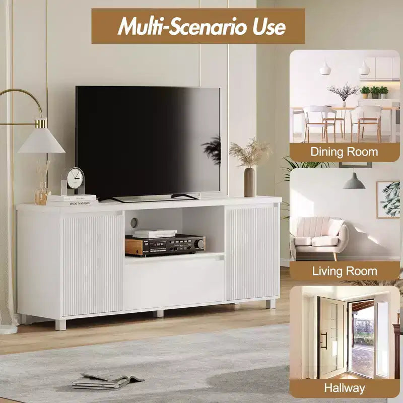 Mobile TV con scanalature bianche per televisori fino a 70", console in legno a 1 cassetto e 2 ante per soggiorno
