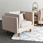 Poltrona con schienale alto imbottita e gambe in legno massello – Beige / Marrone / Grigio, 1 Posto