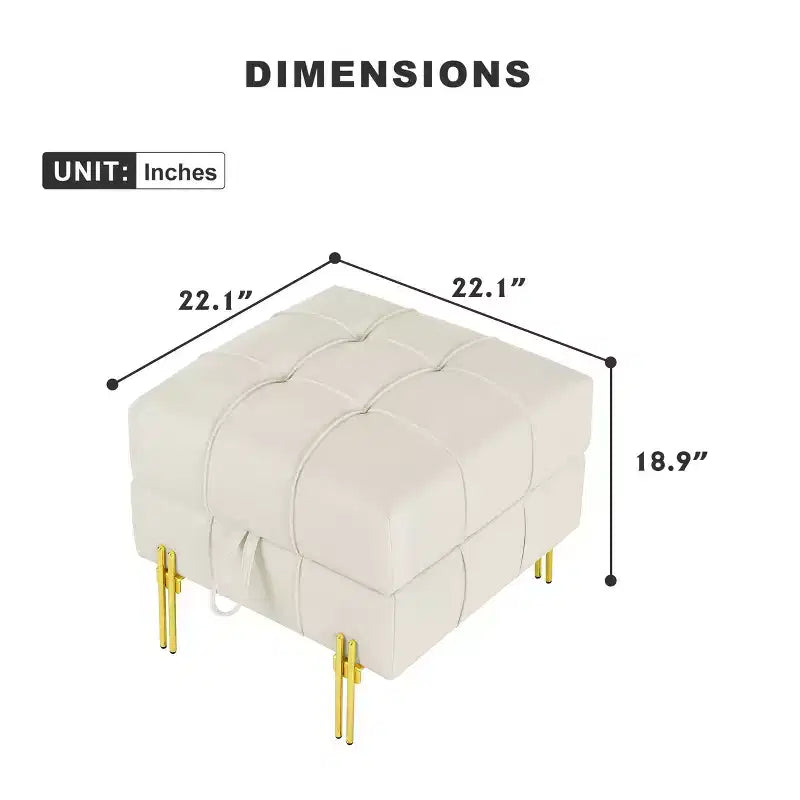 Pouf Contenitore Quadrato Beige Trapuntato con Gambe Dorate, Seduta Singola