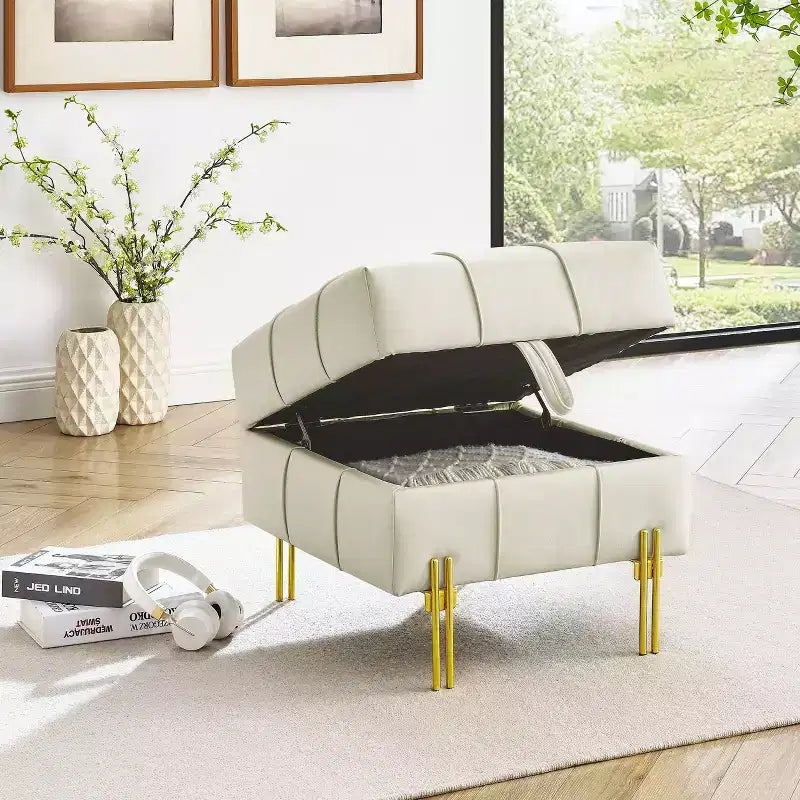 Pouf Contenitore Quadrato Beige Trapuntato con Gambe Dorate, Seduta Singola