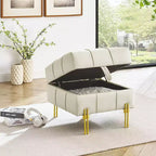 Pouf Contenitore Quadrato Beige Trapuntato con Gambe Dorate, Seduta Singola