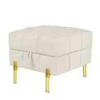 Pouf Contenitore Quadrato Beige Trapuntato con Gambe Dorate, Seduta Singola