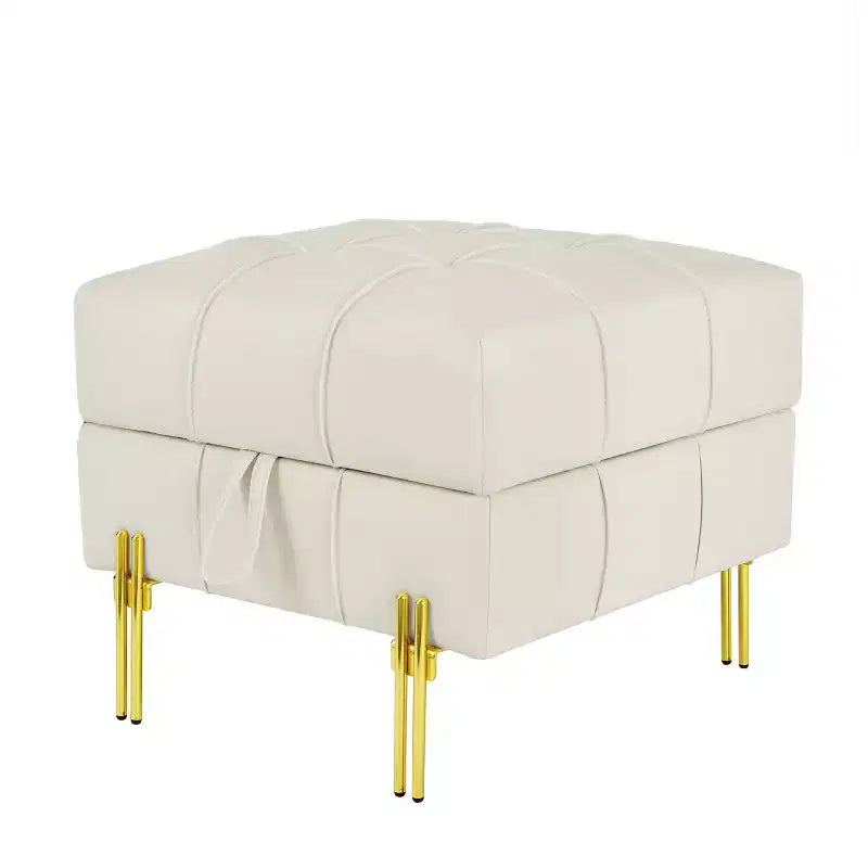 Pouf Contenitore Quadrato Beige Trapuntato con Gambe Dorate, Seduta Singola