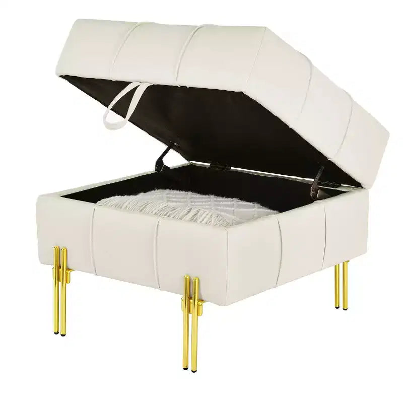 Pouf Contenitore Quadrato Beige Trapuntato con Gambe Dorate, Seduta Singola